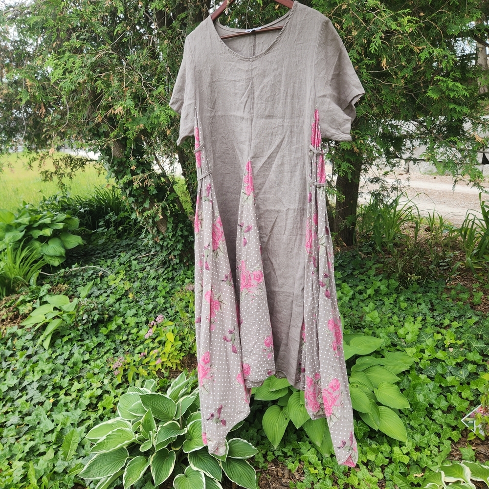 Gray and Tan Asymmetrical High-Low Sundress with Flutter Sleeves